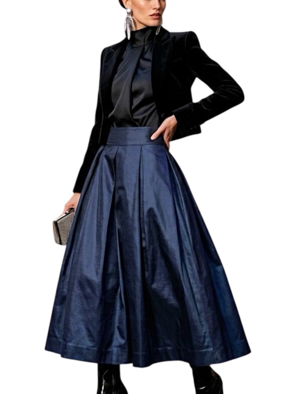 NWT Joseph Ribkoff Signature midnight blue taffeta full box pleated skirt 4